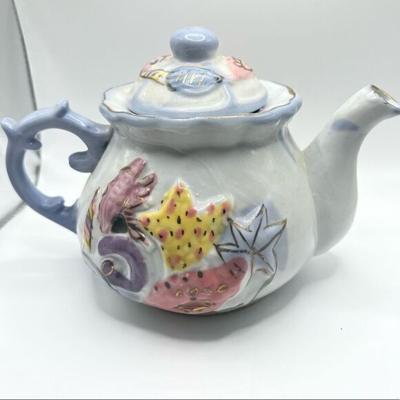 Seashell Ceramic Teapot Pastel Colors and Gold Accents - Picture 2 of 12